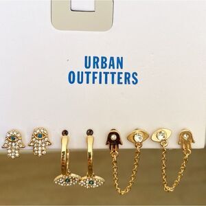 Urban Outfitters Rhinestone Hamsa & Evil Eye Gold Plated Set of Earrings